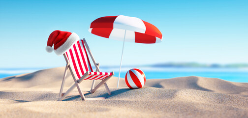 Beach chair with Santa Claus hat at summer beach with umbrella - 2024 holiday concept - 3D illustration