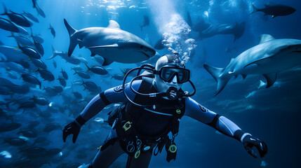 Diver diving with fish He was wearing a diving suit with an oxygen tank on his back.