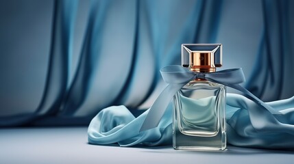 Generative AI, Bottle of perfume on a blue silk background. Glass flask with blue fragrance packaging design mock up - obrazy, fototapety, plakaty