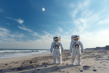 Two astronauts. Explorer mission helmet. Generate Ai