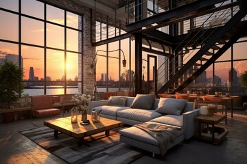 Modern loft apartment at sunset with industrial design. Generative AI