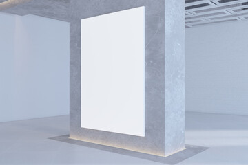 Modern gallery warehouse interior with empty white mock up poster on concrete walls. 3D Rendering.