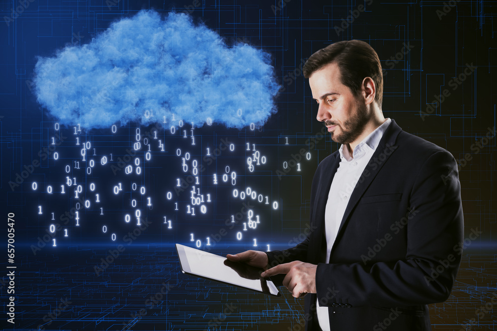 Poster attractive young european businessman using tablet with creative cloud hologram with binary code rai