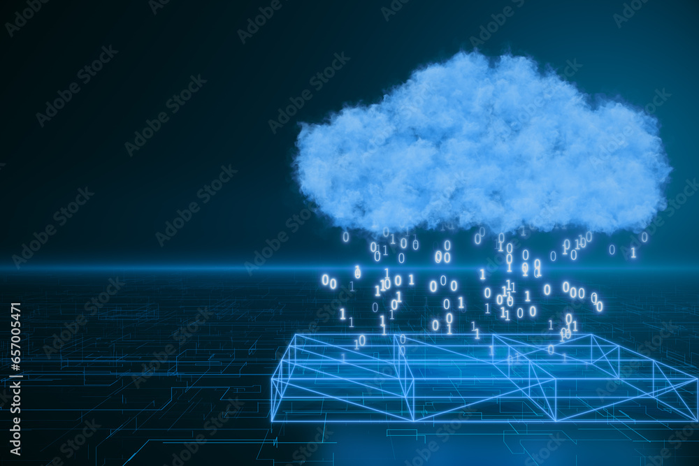 Poster Creative cloud hologram with binary code rain on blurry blue backdrop. Cloud computing and technology concept. 3D Rendering.