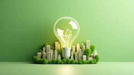 Paeper cut of light bulb with green eco city - obrazy, fototapety, plakaty