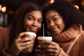 Two black girls coffee happy. Restaurant smile. Generate Ai