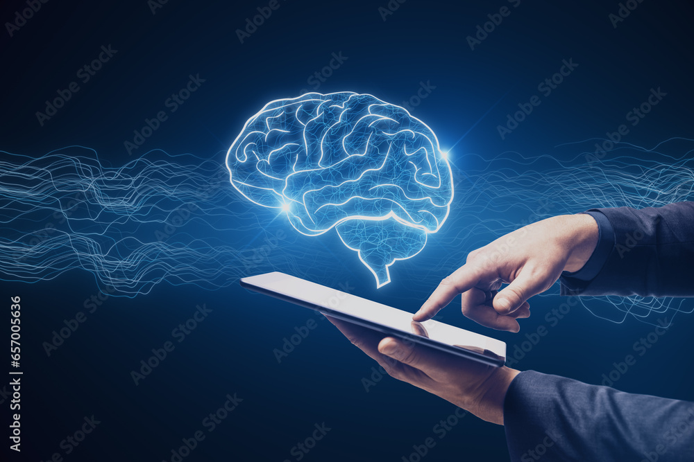 Poster close up of businessman hand pointing at cellphone with creative digital brain hologram on blue back