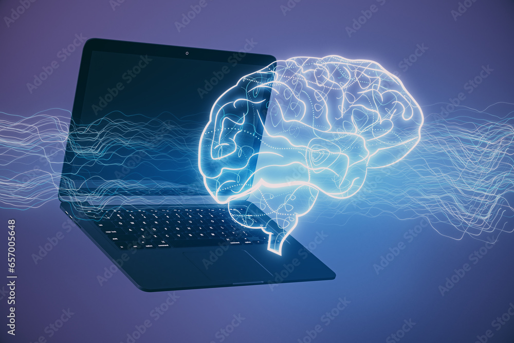 Aufkleber close up of laptop computer with creative digital brain hologram on blue background. hi-tech innovat