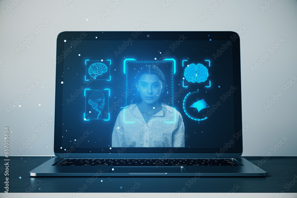 Aufkleber Laptop on desk with face recognition hologram on light background. Face ID and password concept. 3D Rendering.