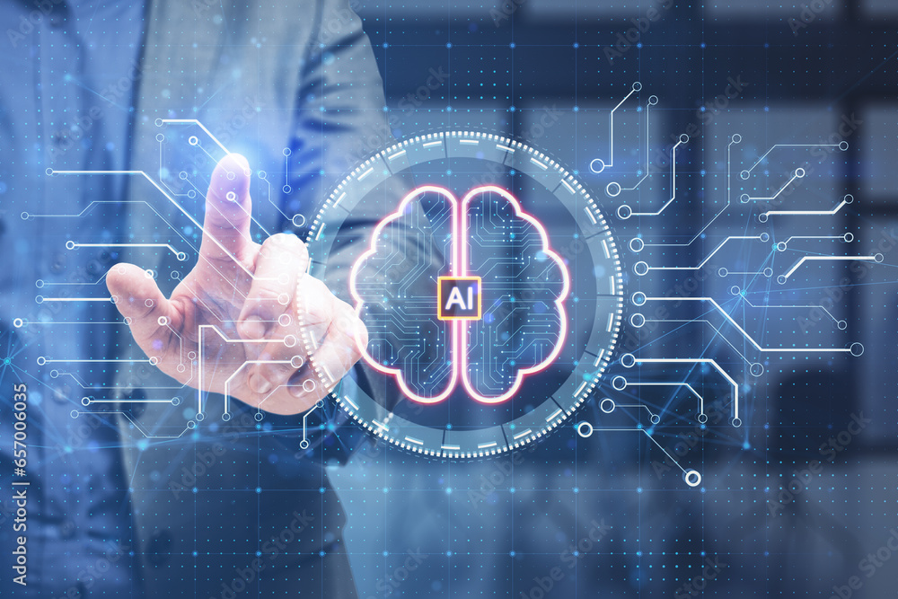Poster close up of businessman hand pointing at creative digital brain hologram with circuit on blurry offi
