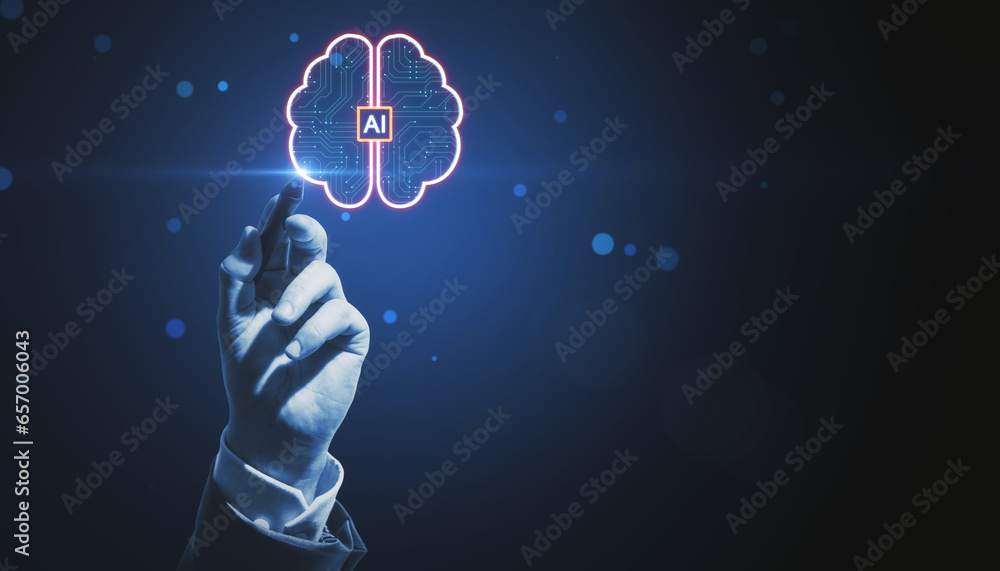 Leinwandbilder Close up of businessman hand with digital pen pointing at creative digital brain hologram with circuit on blurry blue bokeh circles background. Artificial intelligence and machine learning concept.