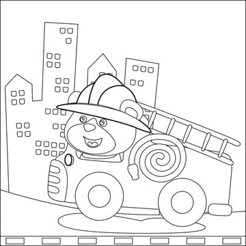 coloring book or page of fire rescue car, cartoon with funny driver, Cartoon isolated vector illustration, Creative vector Childish design for kids activity colouring book or page.