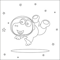 Funny dino astronaut in space. Dinosaur in outer space. Vector hand-drawn coloring children's illustration. Creative vector Childish design for kids activity colouring book or page.
