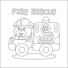 coloring book or page of fire rescue car, cartoon with funny driver, Cartoon isolated vector illustration, Creative vector Childish design for kids activity colouring book or page.