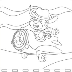 Vector illustration of cute animal pilot flies in the sky on an airplane. Creative vector Childish design for kids activity colouring book or page.