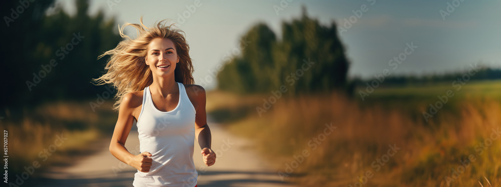 Wall mural Beautiful athletic girl jogging outdoors