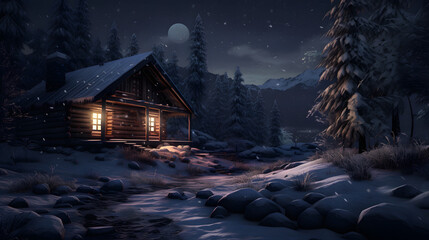 this small log cabin is snow covered at night - obrazy, fototapety, plakaty