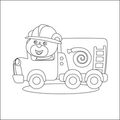 coloring book or page of fire rescue car, cartoon with funny driver, Cartoon isolated vector illustration, Creative vector Childish design for kids activity colouring book or page.