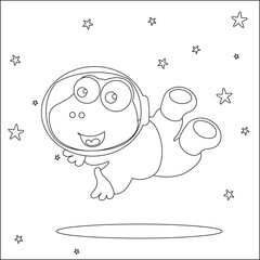 Funny dino astronaut in space. Dinosaur in outer space. Vector hand-drawn coloring children's illustration. Creative vector Childish design for kids activity colouring book or page.