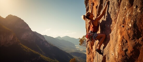 Woman determined to do rock climbing in the mountains - Powered by Adobe