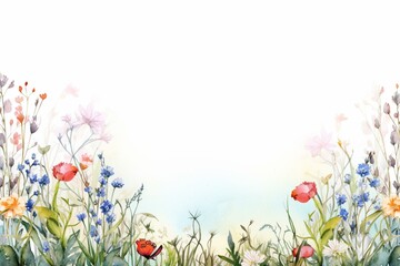 Watercolor border with wildflowers in a meadow. Generative AI - obrazy, fototapety, plakaty