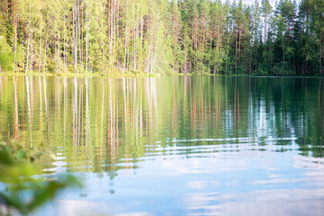 Reflection of trees in the lake with blue sky and white clouds. Reflection of trees in the water. Abstract natural background for design.