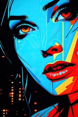 a womans face with red and blue paint - 657008672