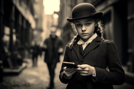 a black and white vintage close-up portrait of a young teen white girl elegantly dressed wearing a suit and a bowl hat 1920th fashion style using a smartphone in the street
