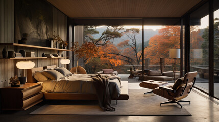 The bedroom dons an autumnal palette, leaves swirling in a gust of warm wind. - obrazy, fototapety, plakaty