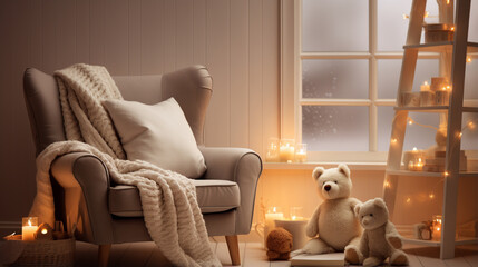 Soft, diffused light wraps around a cozy reading corner, raindrops as a lullaby.