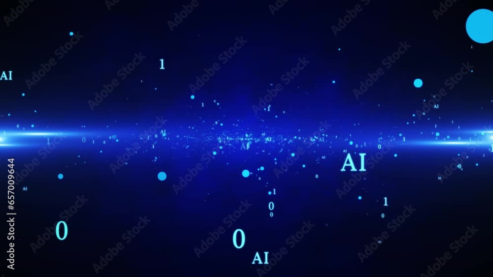 Poster AI lettering and binary code in a particle animation - futuristic technology background