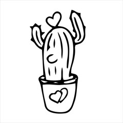 Cute cactus with a heart. Romantic illustration. Vector hand-drawn doodles. Template design, sketch, icon, clipart.