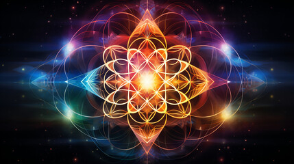 Sacred Geometry": Geometric patterns merge into a transcendent mandala, representing the divine order.