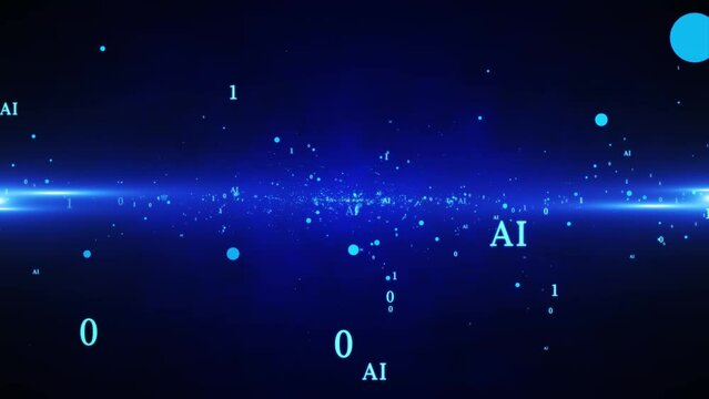 AI lettering and binary code in a particle animation - futuristic technology background