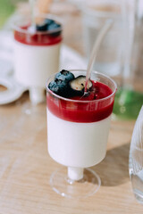 Dessert. Art master class in nature. Workshop. Panna cotta with berries
