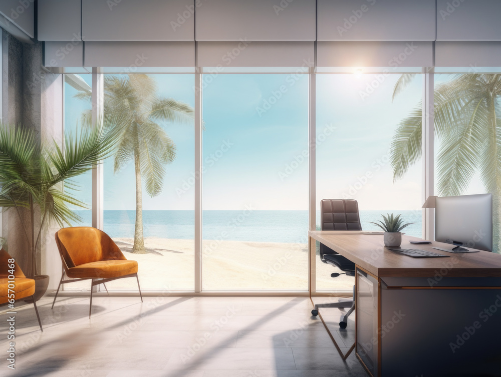 Poster office with a view of the beach and palm trees. generative ai