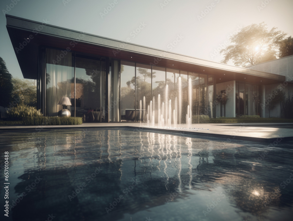 Aufkleber modern house with a fountain in front of it. generative ai