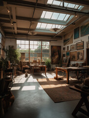 Art studio with lots of paintings on the walls.