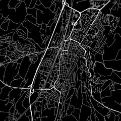 1:1 square aspect ratio vector road map of the city of  Ravensburg in Germany with white roads on a black background.