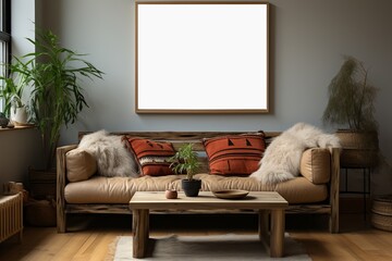 An empty poster frame in the living room in Native American style. Created with Generative AI technology