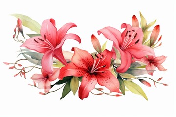 Watercolor garland with lilies, illustration. Generative AI