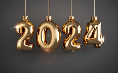 Banner Happy New Year 2024 golden Greeting Card on dark background, typography, photo, poster, 3d render, illustration