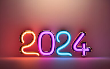 Neon sign number 2024, happy new year 3d text celebration party., typography, photo, poster, 3d render