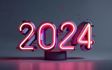 Neon sign number 2024, happy new year 3d text celebration party., typography, photo, poster, 3d render