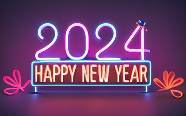 Neon sign number 2024, happy new year 3d text celebration party., typography, photo, poster, 3d render