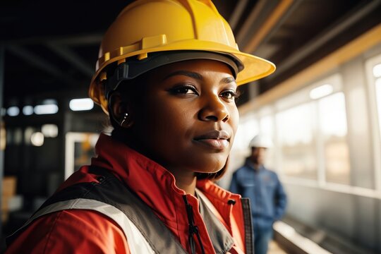 Close Up Portrait Of Young Smiling African American Woman In Yellow Hard Hat And Overalls Working In Construction Site. Generation Ai. Concept Of Housing Development And Equal Opportunity