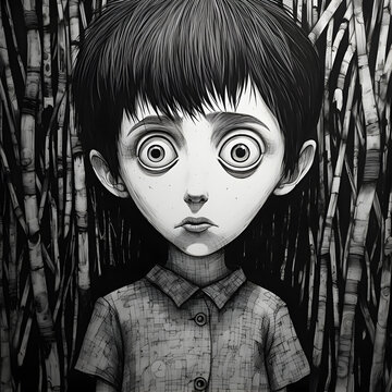 Black and white art of a sad kide