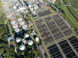 Aerial drone view of a sewage treatment plant, industrial installation for the cleaning and...
