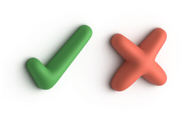 3d minimal Green tick check mark and cross mark symbols. yes and no, rejected and approved. correct sign and wrong sign, 3d illustration.