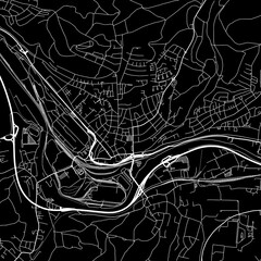 1:1 square aspect ratio vector road map of the city of  Volklingen in Germany with white roads on a black background.